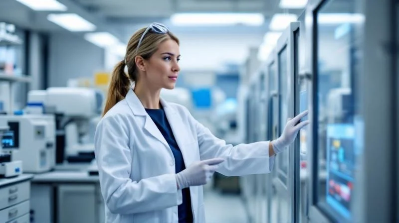 Ausbilderin in einem Darmstädter Pharma-Labor erklärt einer Auszubildenden die Bedienung eines Analysegeräts