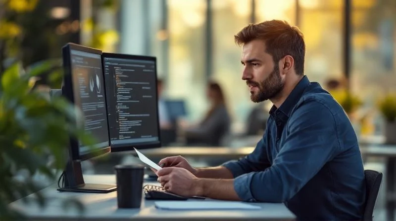 Mann mit Laptop arbeitet konzentriert in einem hellen Büro in Darmstadt