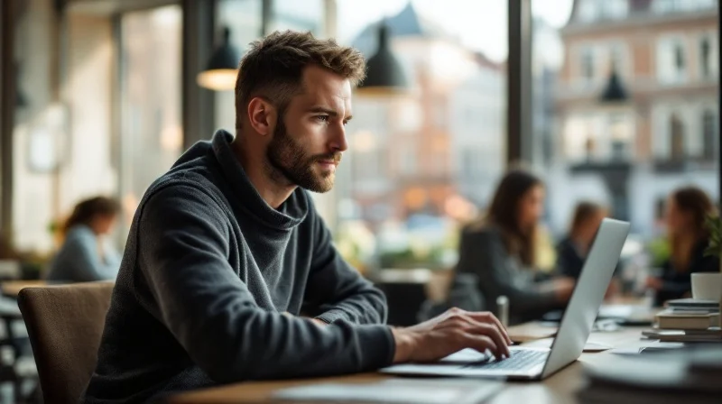 Darmstädter Angestellter im Coworking-Space mit Laptop, im Hintergrund Jugendstil-Architektur und TU-Gebäude