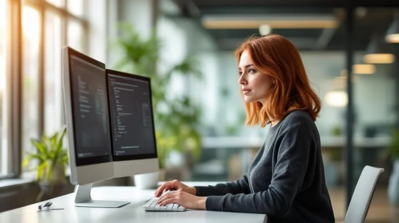 Frau arbeitet an einem Laptop in einem modernen Büro in Darmstadt