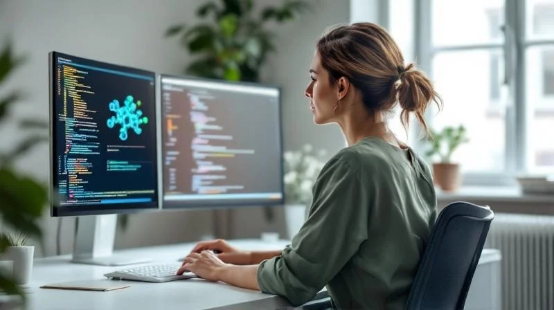 Quereinsteiger in einem Darmstädter Tech-Office vor Bildschirmen mit Pharma-Datenanalysen und Code-Editor