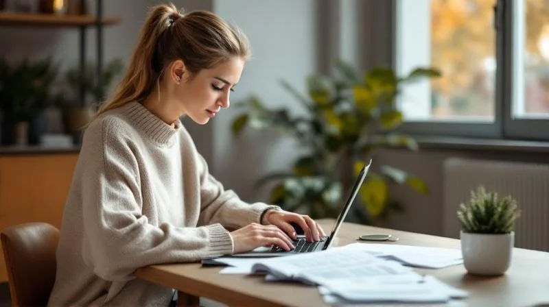 Berufstätige in einem modernen Darmstädter Apartment prüft Steuerunterlagen am Laptop