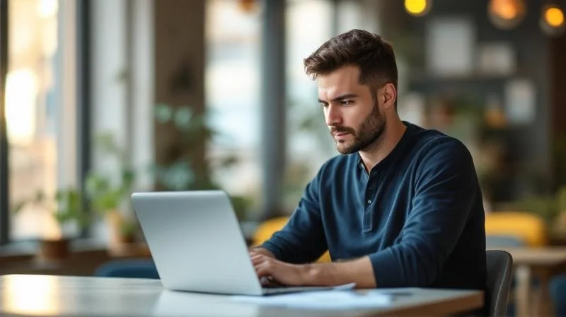 Mann am Laptop in einem hellen Büro in Darmstadt bereitet sich auf Umschulung vor